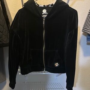 Black Bomber Jacket with Velvet Texture and Hood